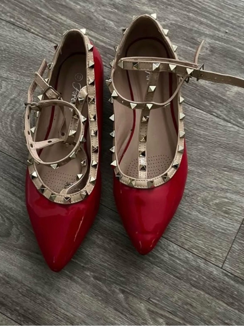 Studded Red Patent Pointed-Toe Flats with Ankle Strap